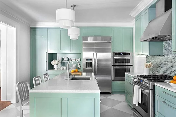 modern gemalten bodenbelag küche minzgrün farbe rautenförmig
