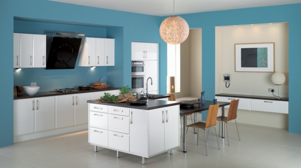 modern küchen bereich arbeitsplatte interior design blaue wände
