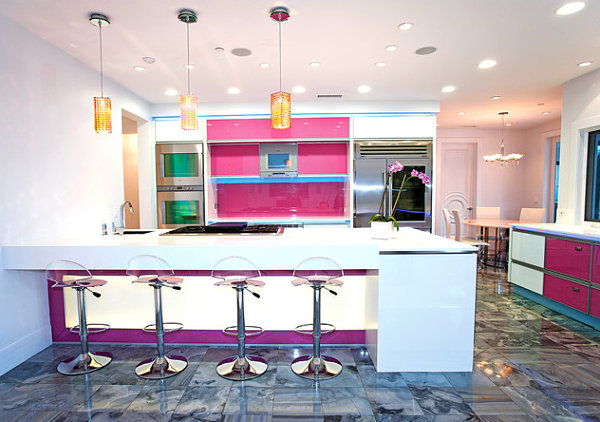 neon beleuchtung im küchenbereich modern feminine bunt