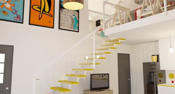 schwebende treppenhaus ideen holz ausstattung gelbe verspielte farben