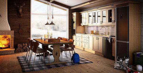 skandinavische küchen designs holz pendelleuchten teppich