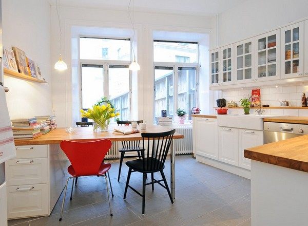 skandinavische küchen designs holz tischplatte orange essstühle