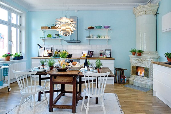 skandinavische küchen designs küchenregale rustikal blau wand