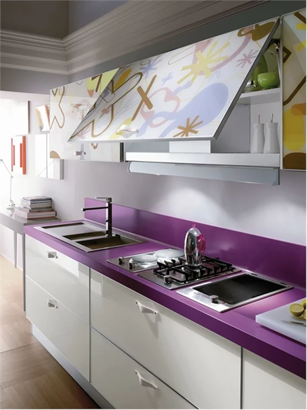 wunderbare moderne küchenmöbel aus glas arbeitsplatte lila spüle