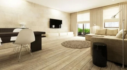 Das Wohnzimmer attraktiv einrichten holz bodenbelag modern rund