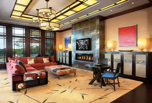 Das Wohnzimmer attraktiv einrichten sofa rot teppich tisch