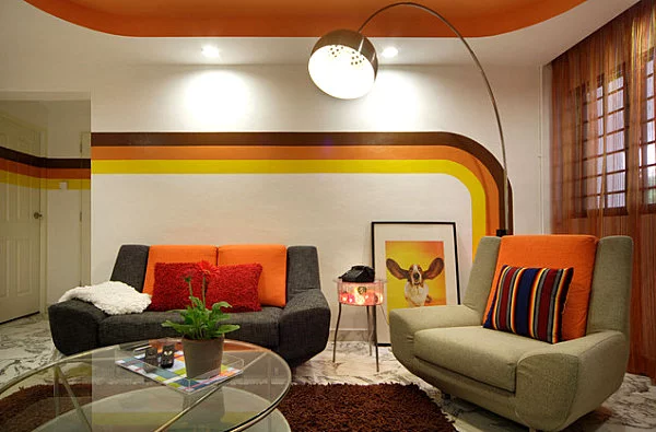 Farbpaletten und Strategien beim Interior Design streifen wand orange gelb 