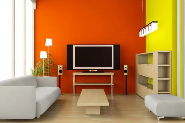 attraktive farbpalette im interior design wohnzimmer orange rot wand