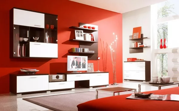 attraktive farbpalette im interior design wohnzimmer rot wand kommode