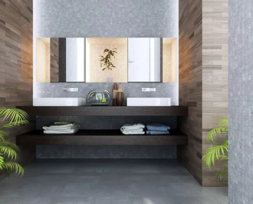 badezimmer design bilder palmen exotisch ambiente regale waschbecken