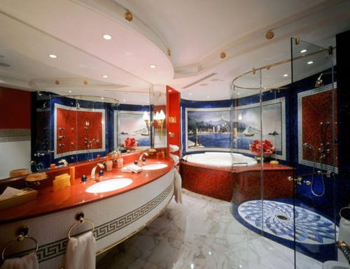 coole Bilder von Badezimmern rot weiß blau spiegel