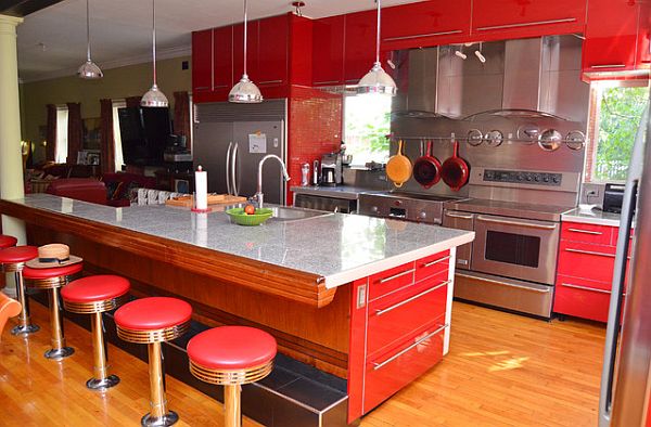 coole rote farbe für die küche leder barstühle graue marmor theke