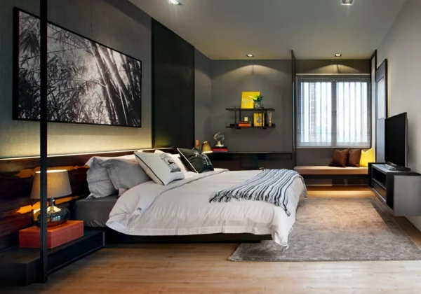 cooles stadthaus design schlafzimmer schwarzes ambiente regale
