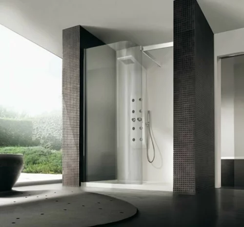  dampfdusche badezimmer minimalistsisch dunkle oberflächen