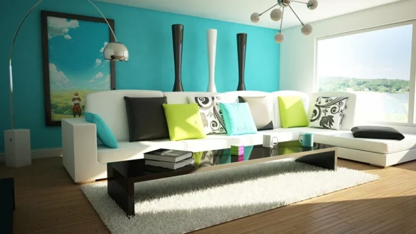 das zuhause gemütlich einrichten türkis wand bodenvasen sofa
