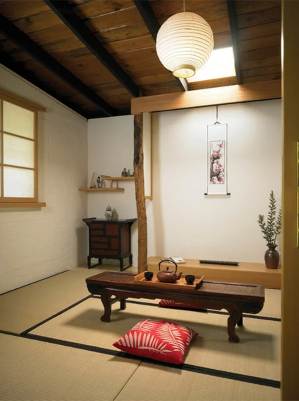 ein magisches ambiente mit lampions holzbalken sisal boden japanischer stil