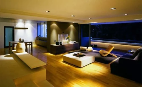 eingebaut indirekt beleuchtung holz bodenbelag wohnzimmer modern