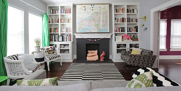 frische interior designs gestreift teppich  schwarz weiß kamin
