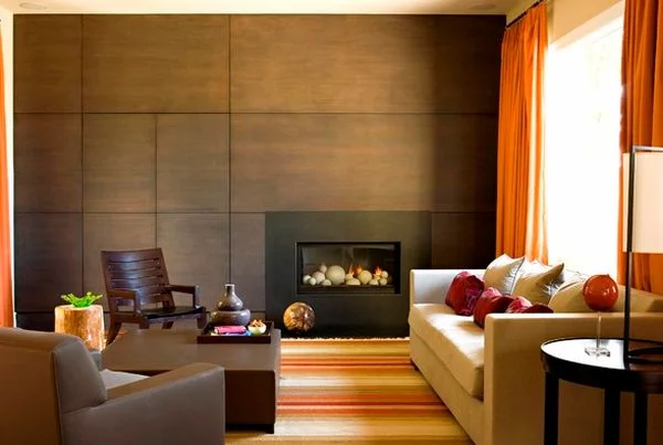 kamine mit verglasung modern wohnung orange gardinen sofa