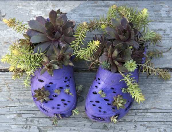 kreative gummi recycling ideen alte lila schuhe als blumen töpfe