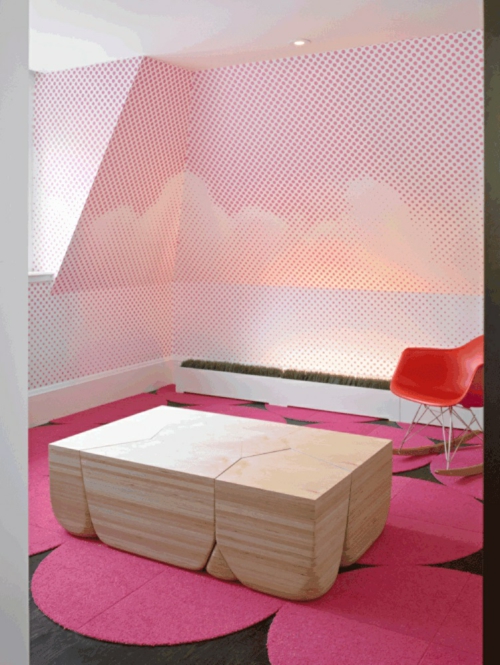 kreativer modularer holztisch design teppich rosa rund