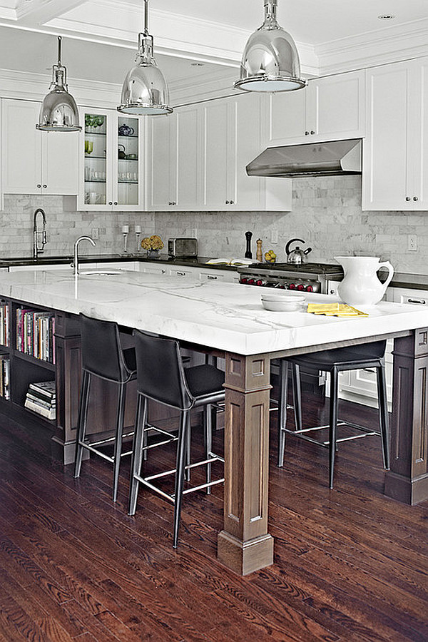 kücheninsel design ideen schwarz weiße ausstattung metall pendellampen