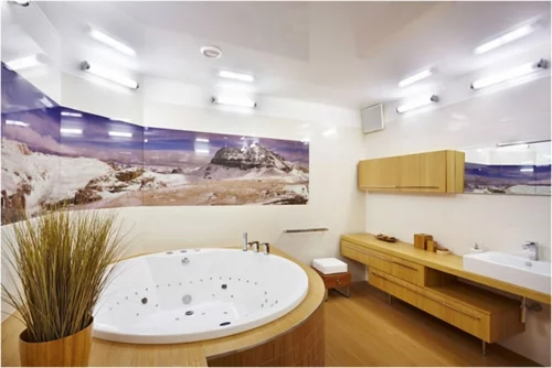 luxus badezimmer eingebaut badewanne pflanzen bilder wand