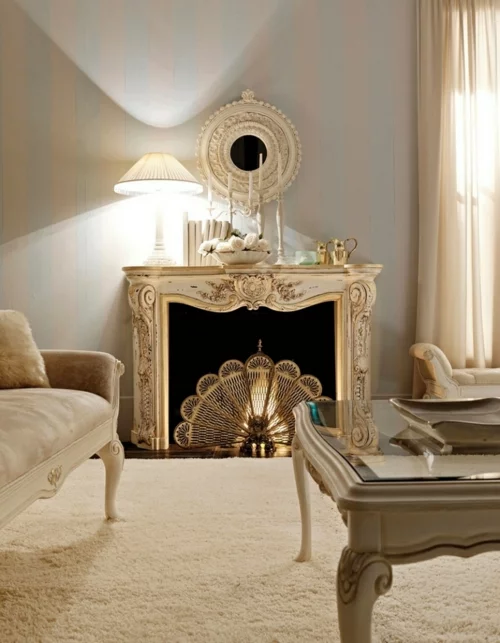 luxus italienisches wohnzimmer einbaukamin ornamente wandspiegel