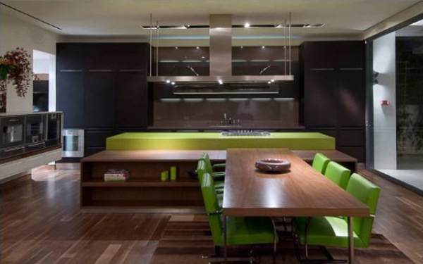 luxus single wohnung grün küchenarbeitsplatte stuhl holz