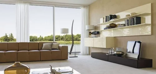 minimalistisch design wohnzimmer idee sofa regale gardinen