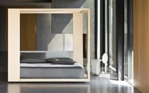 minimalistisches bett design schlafzimmer grau bettwäsche