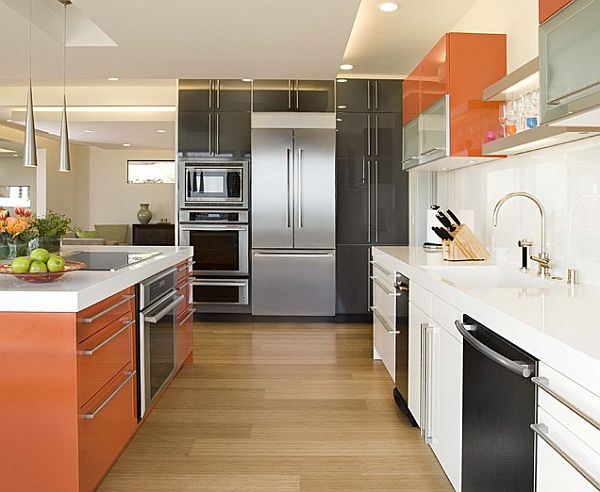 modern bunt küchenschrank orange farben weiß schwarz