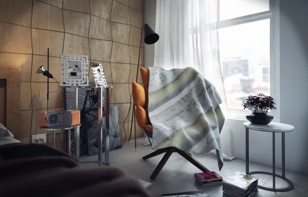 moderne designer schlafzimmer ergonomischer sessel in orange decke in pastell