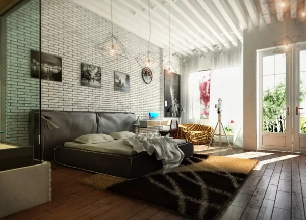 moderne schlafzimmer filigrane hängelampen aus draht und weiße balken an der decke
