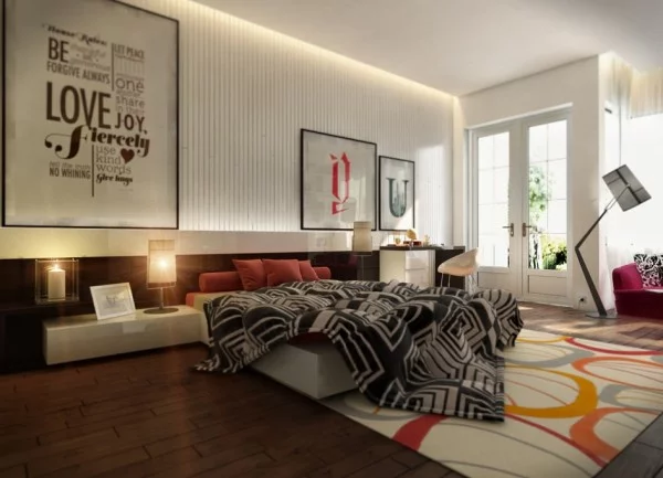 moderne schlafzimmer geometrisch gemusterte tagesdecke und teppich lampe mit sonnenlicht effekt