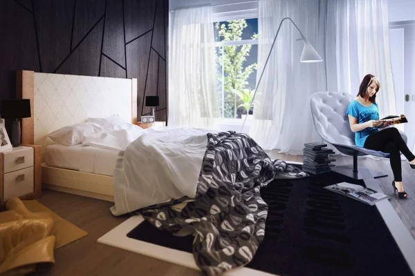 moderne schlafzimmer geometrische formen dunkle holzplatten
