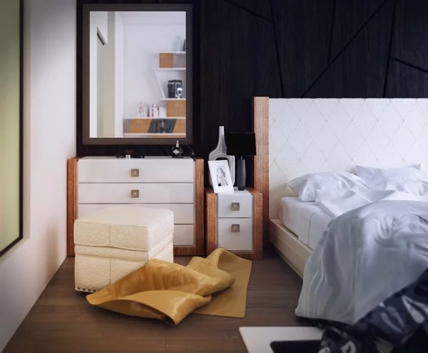 moderne designer schlafzimmer lederläufer in ocker und quadratischer hocker