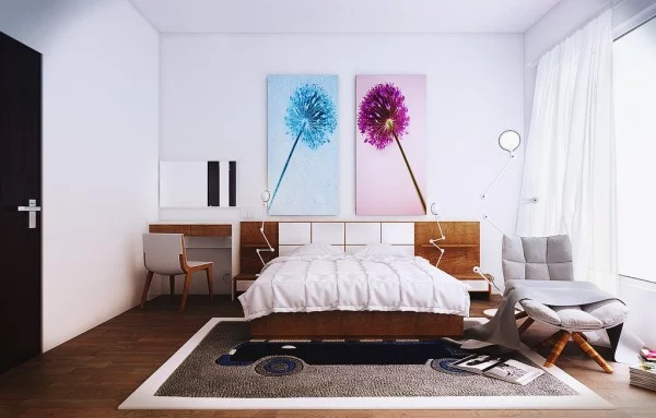 moderne schlafzimmer tolle wandkunst zierlauch in blau und violett