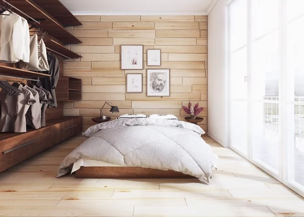 moderne schlafzimmer wand und boden aus hellen holzplatten