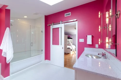 modernes badezimmer rosa design duschkabine glas schiebetür