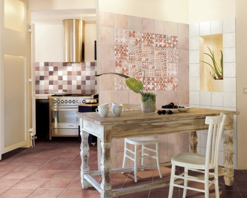 patchwork fliesen designs arbeitsplatte küche tisch holz