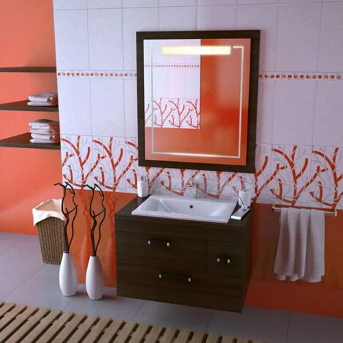 rot badezimmer fliesen wandgestaltung holz spiegelrahmen waschbecken