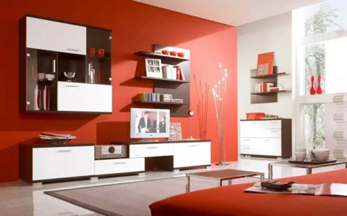 rot design wand wohnzimmer regale schubladen modern urban
