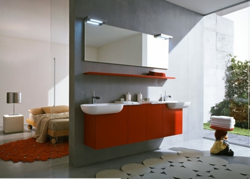 rot grau weiß trennwand badezimmer schlafzimmer waschbecken