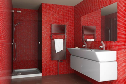 rot mosaik wandfliesen weiß waschbecken dusche