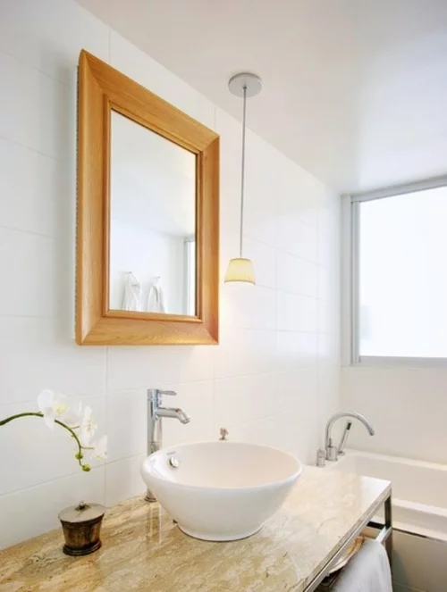ruhiges cooles haus design beton spiegel rahmen holz badezimmer