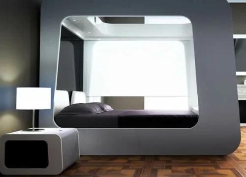schlafzimmer design nachttisch tischlampe matratze dunkle bettwäsche