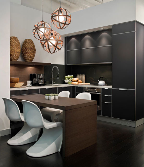 schwarze küchenmöbel und ausgefallene details schränke schwarz ovale weiße stühle