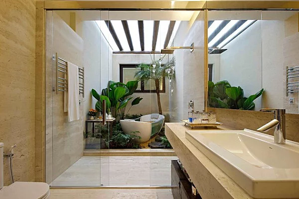 tropische badezimmer sehr modern große gläserne zwischentür