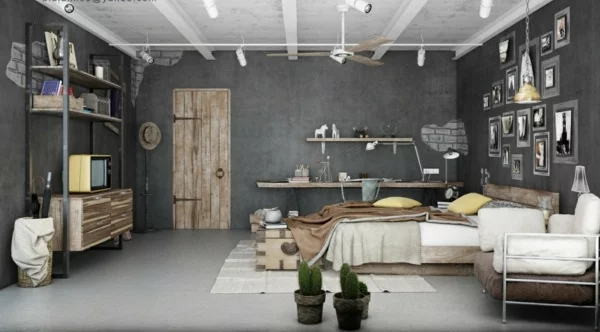 urbanen dachboden einrichtungsstil rustikale möbel holz schlafzimmer büro